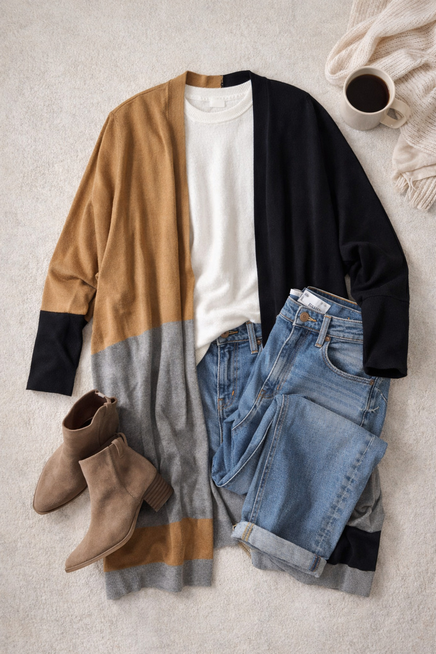 Chico’s Colorblock Open Cardigan Black Camel Gray Draped S M
